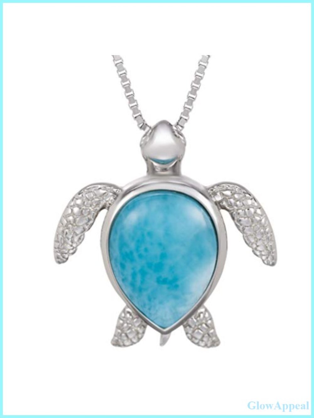 Sterling Silver Larimar Turtle Pendant Necklace 18" Box Chain Rhodium